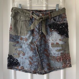 Seven7 one-of-a-kind Denim and Olive Embellished Mini Skirt